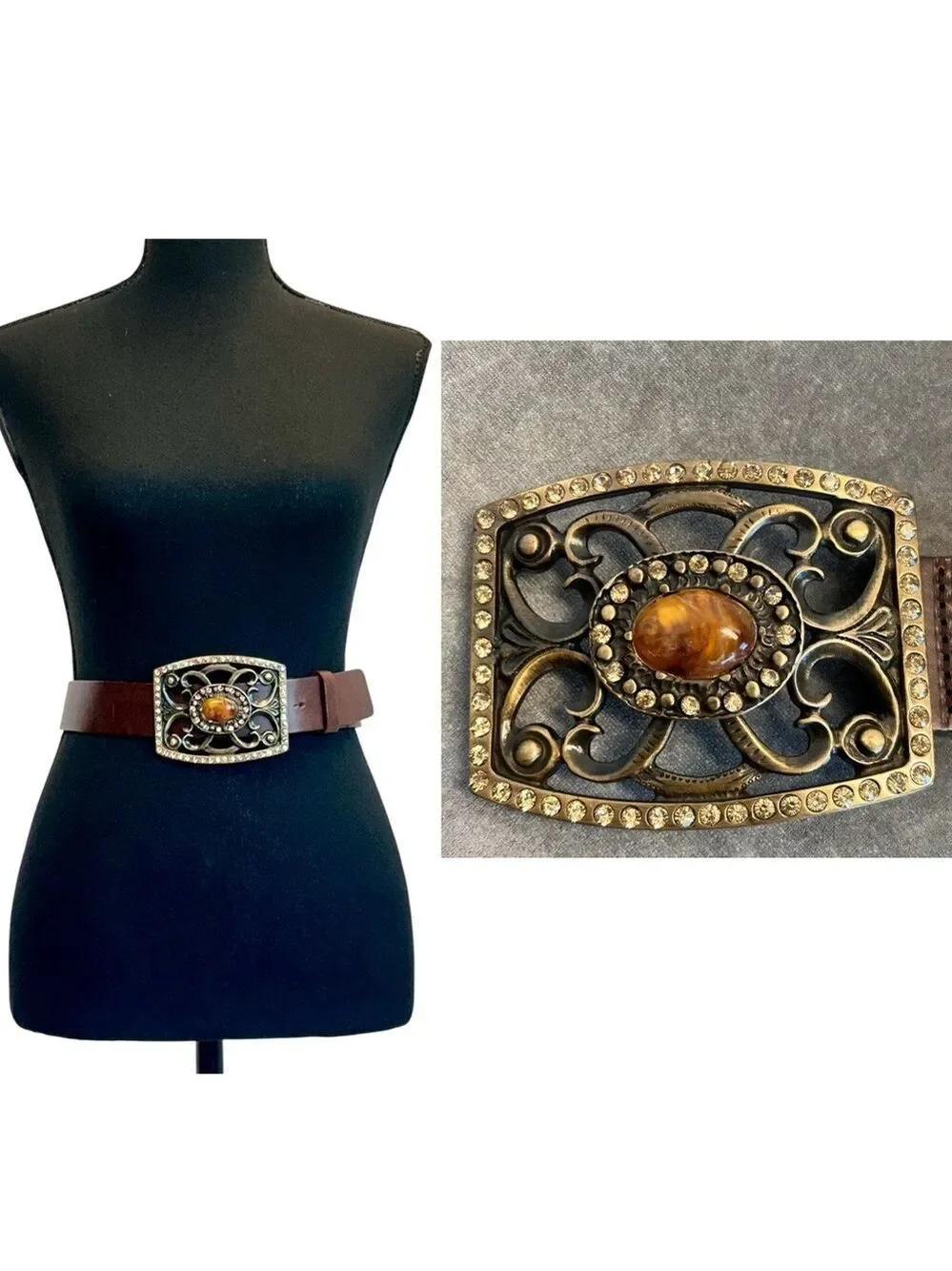 Barbara & Company brown genuine leather crystal rhinestone amber stone belt S